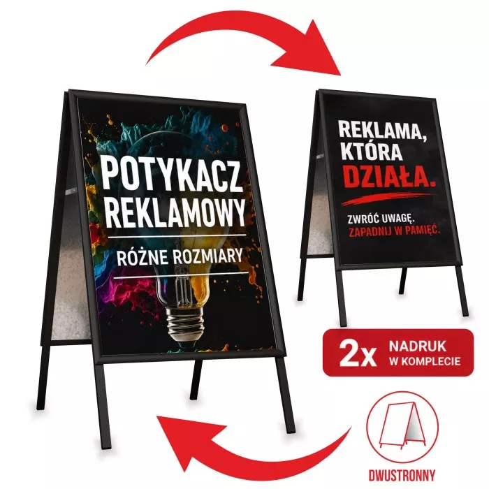Potykacz reklamowy dwustronny czarny metalowy stojak na plakaty