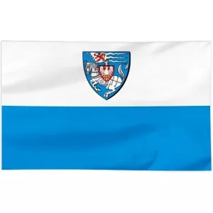 Flaga Koszalina z herbem na białym pasie 100x60cm