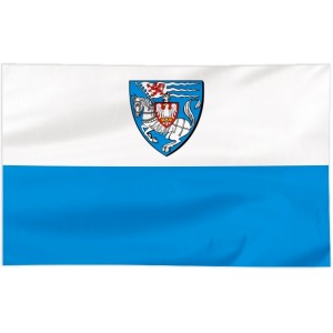 Flaga Koszalina z herbem na białym pasie 300x150cm