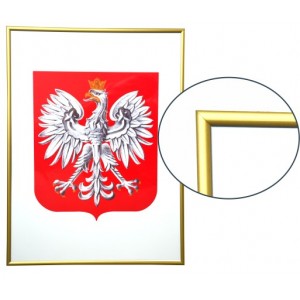 Godło Polski w ramie aluminiowej złotej w rozmiarze 30x21cm - A4