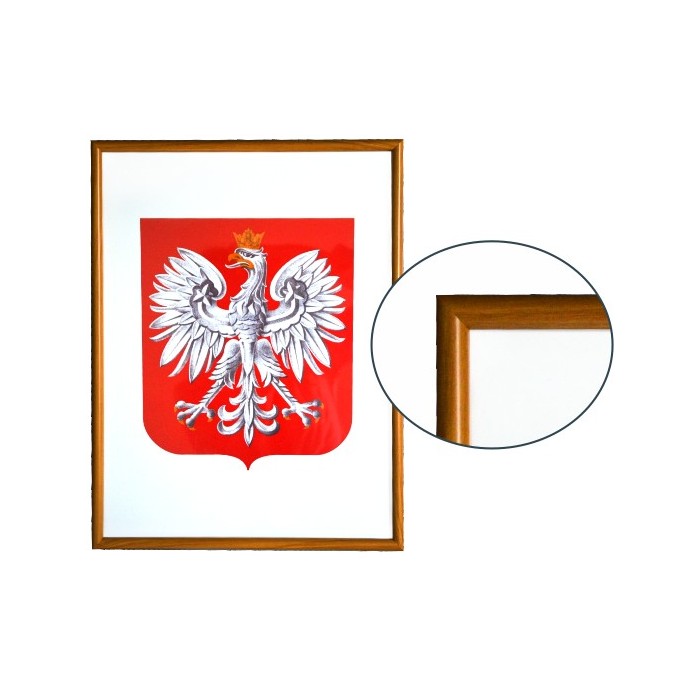 Godło Polski w ramie drewnianej jasnej w rozmiarze 30x21cm - A4