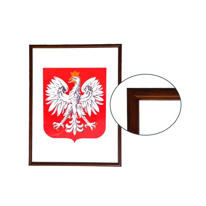 Godło Polski w ramie drewnianej ciemnej w rozmiarze 30x21cm - A4