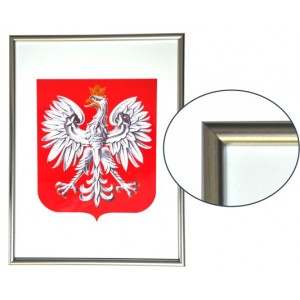 Godło Polski w ramie aluminiowej srebrnej w rozmiarze 30x21cm - A4