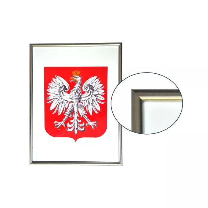 Godło Polski w ramie aluminiowej srebrnej w rozmiarze 30x21cm - A4
