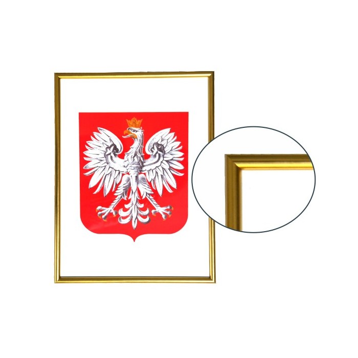 Godło Polski w ramie drewnianej złotej w rozmiarze 30x21cm - A4