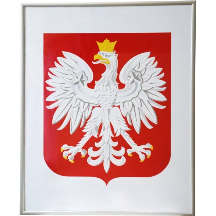 Godło Polski w ramie drewnianej srebrnej w rozmiarze 30x21cm - A4